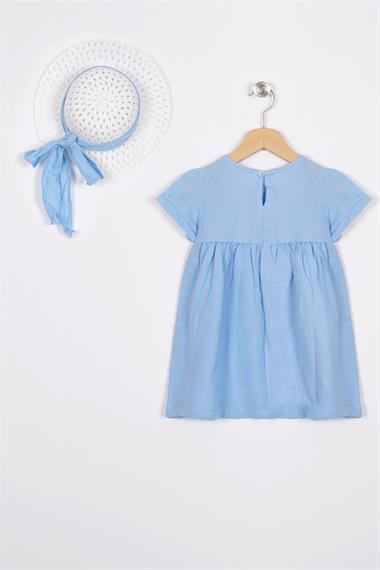 Bisiklet Yaka Kısa Kol Sapka Aksesuarlı Mavi Renk Kız Cocuk Elbıse