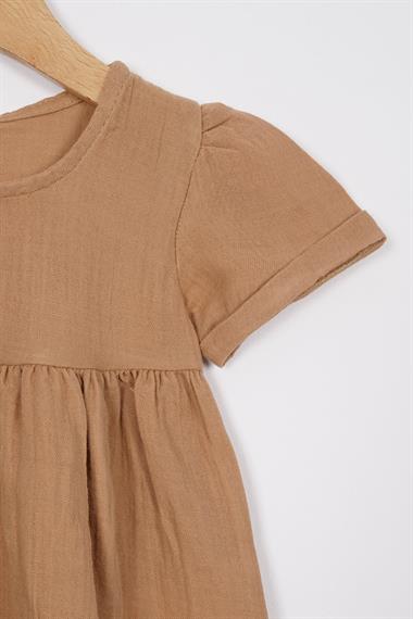 Bisiklet Yaka Kısa Kol Sapka Aksesuarlı Camel Renk Kız Cocuk Elbıse