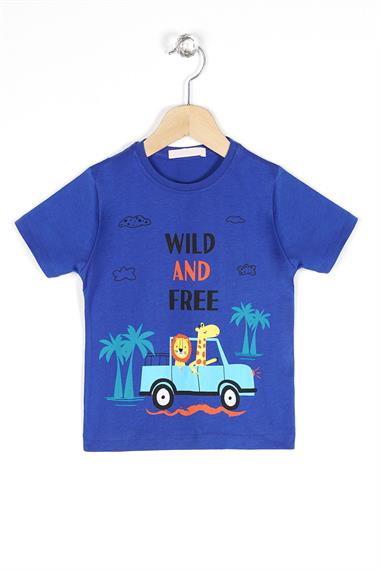 Bisiklet Yaka Kısa Kol Araba Baskılı Saks Renk Erkek Çocuk Tshirt