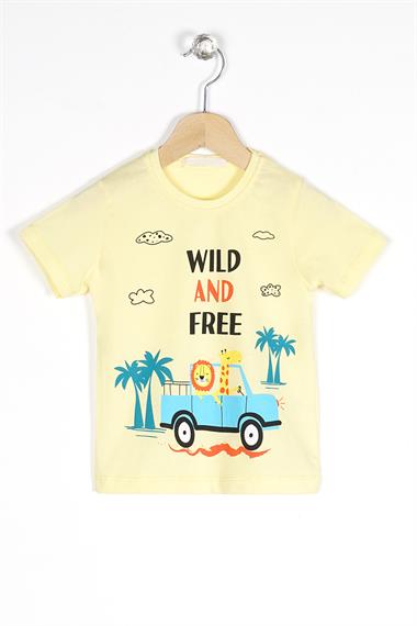 Bisiklet Yaka Kısa Kol Araba Baskılı Sarı Renk Erkek Çocuk Tshirt