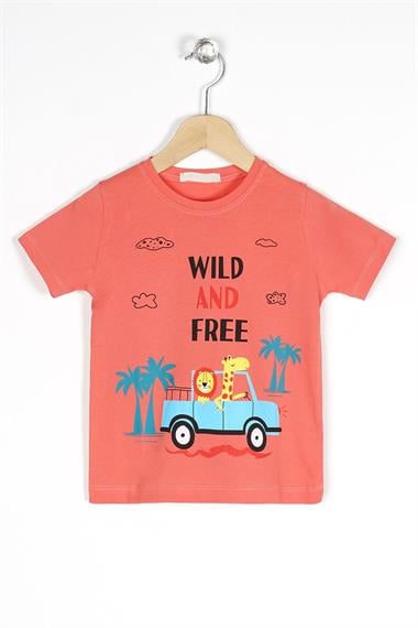 Bisiklet Yaka Kısa Kol Araba Baskılı Taba Renk Erkek Çocuk Tshirt