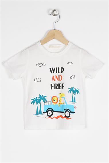 Bisiklet Yaka Kısa Kol Araba Baskılı Beyaz Renk Erkek Çocuk Tshirt