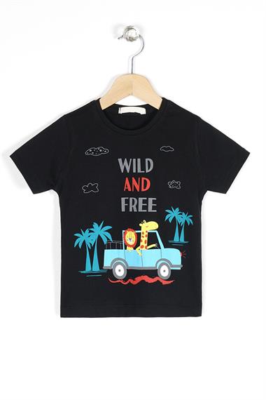 Bisiklet Yaka Kısa Kol Araba Baskılı Siyah Renk Erkek Çocuk Tshirt