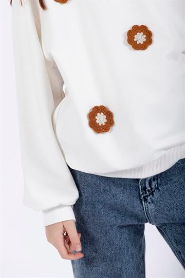 Bisiklet Yaka Uzun Kol Ekru Renk Kız Çocuk Sweatshirt