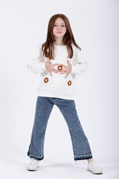 Bisiklet Yaka Uzun Kol Ekru Renk Kız Çocuk Sweatshirt