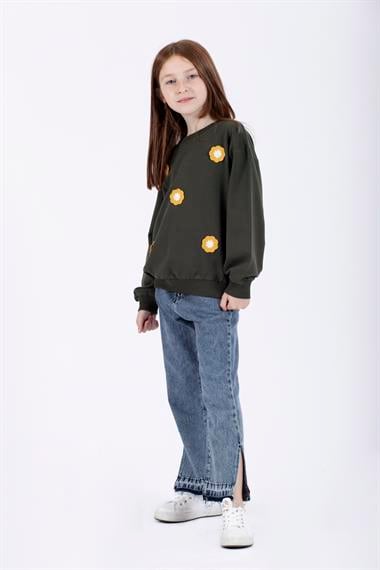 Bisiklet Yaka Uzun Kol Haki Renk Kız Çocuk Sweatshirt