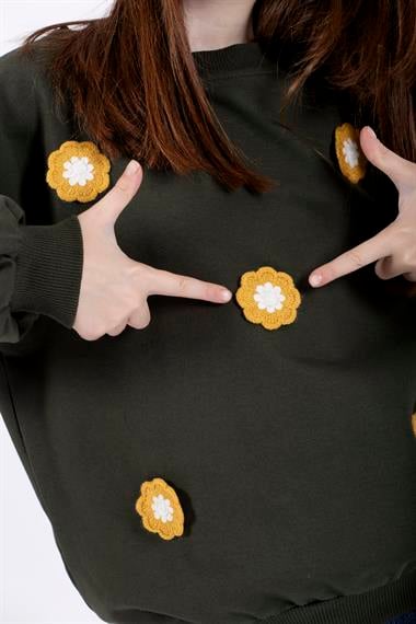 Bisiklet Yaka Uzun Kol Haki Renk Kız Çocuk Sweatshirt