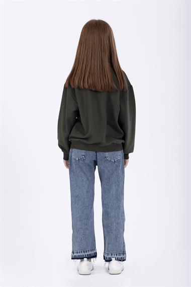 Bisiklet Yaka Uzun Kol Haki Renk Kız Çocuk Sweatshirt