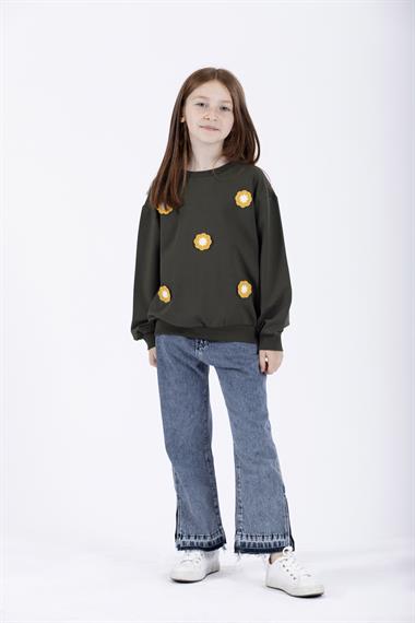 Bisiklet Yaka Uzun Kol Haki Renk Kız Çocuk Sweatshirt