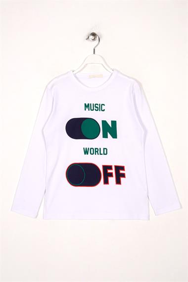 Bisiklet Yaka Uzun Kol Musıc On Baskılı Uzun Kol Beyaz Renk Erkek Çocuk Tshirt
