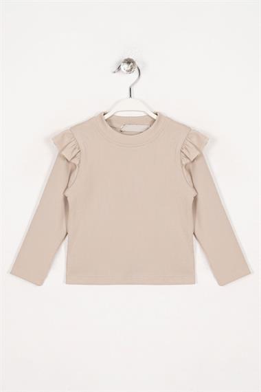 Bisiklet Yaka Uzun Kol Fırfır Detaylı Fitilli Bej Renk Kız Çocuk Body