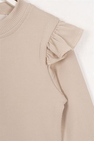 Bisiklet Yaka Uzun Kol Fırfır Detaylı Fitilli Bej Renk Kız Çocuk Body