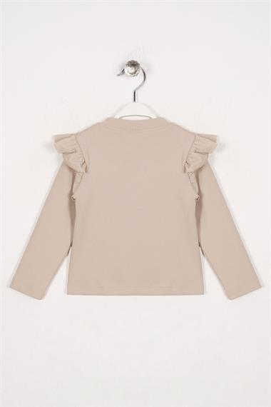 Bisiklet Yaka Uzun Kol Fırfır Detaylı Fitilli Bej Renk Kız Çocuk Body