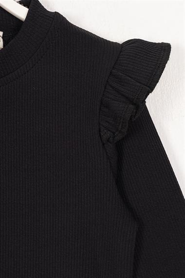 Bisiklet Yaka Uzun Kol Fırfır Detaylı Fitilli Siyah Renk Kız Çocuk Body