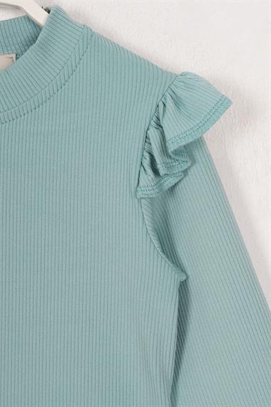 Bisiklet Yaka Uzun Kol Fırfır Detaylı Fitilli Çağla Yeşil Renk Kız Çocuk Body