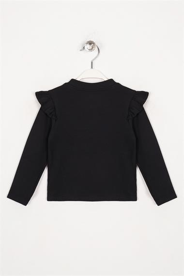 Bisiklet Yaka Uzun Kol Fırfır Detaylı Fitilli Siyah Renk Kız Çocuk Body