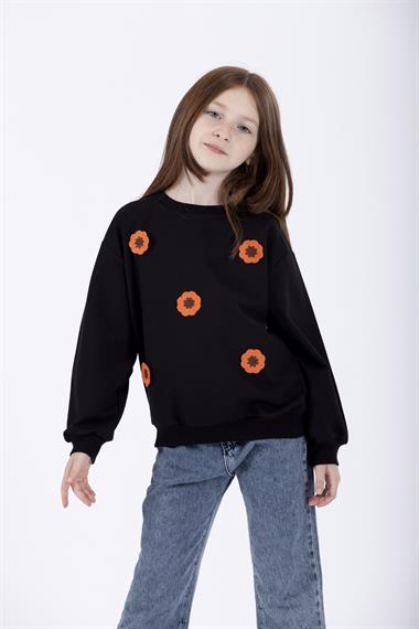 Bisiklet Yaka Uzun Kol Siyah Renk Kız Çocuk Sweatshirt