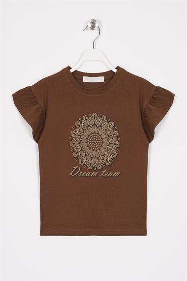 Kolları Fırfırlı Yazı Baskılı Kahverengi Renk Kız Çocuk Tshirt