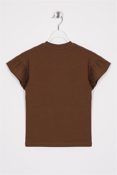 Kolları Fırfırlı Yazı Baskılı Kahverengi Renk Kız Çocuk Tshirt