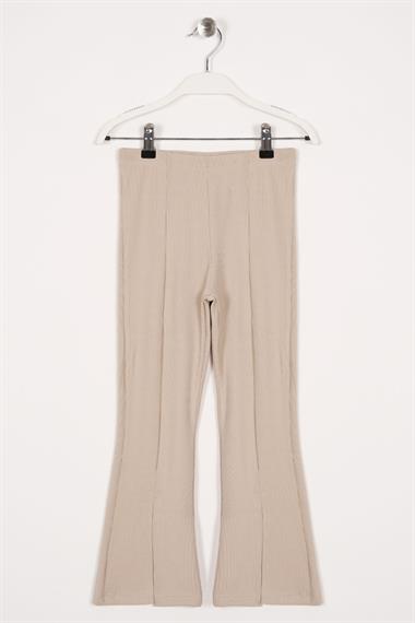 Ön Paçası Yırtmaç Detaylı Fitilli Bej Renk Kız Çocuk Tayt