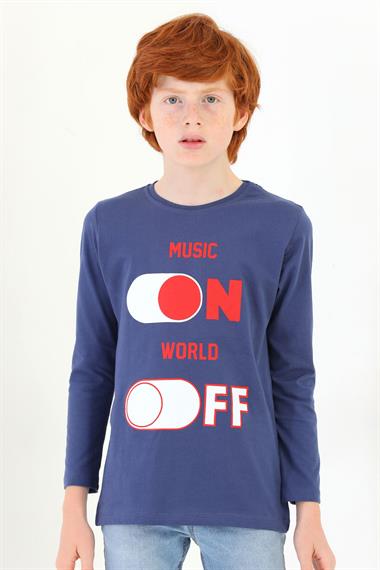 Bisiklet Yaka Uzun Kol Musıc On Baskılı Uzun Kol Indigo Renk Erkek Çocuk Tshirt