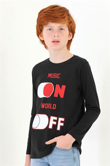 Bisiklet Yaka Uzun Kol Musıc On Baskılı Uzun Kol Siyah Renk Erkek Çocuk Tshirt