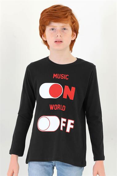 Bisiklet Yaka Uzun Kol Musıc On Baskılı Uzun Kol Siyah Renk Erkek Çocuk Tshirt