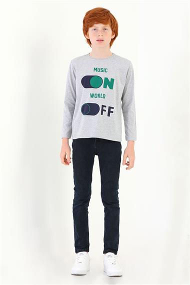 Bisiklet Yaka Uzun Kol Musıc On Baskılı Uzun Kol Gri Melanj Renk Erkek Çocuk Tshirt
