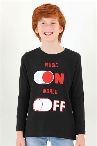 Bisiklet Yaka Uzun Kol Musıc On Baskılı Uzun Kol Siyah Renk Erkek Çocuk Tshirt