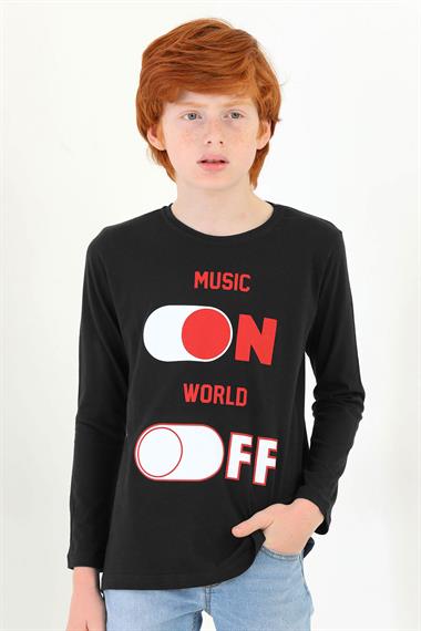 Bisiklet Yaka Uzun Kol Musıc On Baskılı Uzun Kol Siyah Renk Erkek Çocuk Tshirt