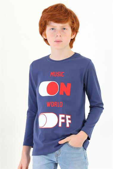 Bisiklet Yaka Uzun Kol Musıc On Baskılı Uzun Kol Indigo Renk Erkek Çocuk Tshirt