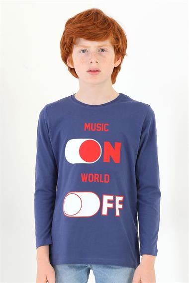 Bisiklet Yaka Uzun Kol Musıc On Baskılı Uzun Kol Indigo Renk Erkek Çocuk Tshirt