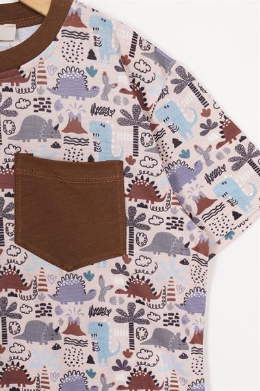 Aplike Cep Detaylı Kahverengi Renk Erkek Çocuk T-shirt