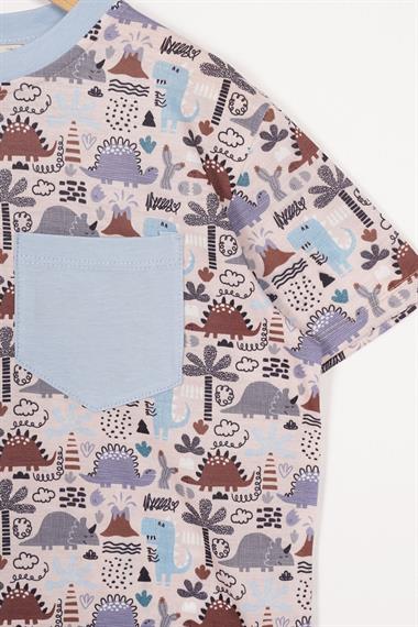 Aplike Cep Detaylı Mavi Renk Erkek Çocuk T-shirt