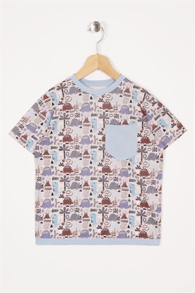 Aplike Cep Detaylı Mavi Renk Erkek Çocuk T-shirt