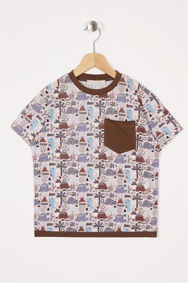 Aplike Cep Detaylı Kahverengi Renk Erkek Çocuk T-shirt