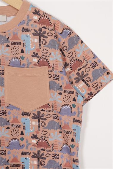 Aplike Cep Detaylı Bej Renk Erkek Çocuk T-shirt