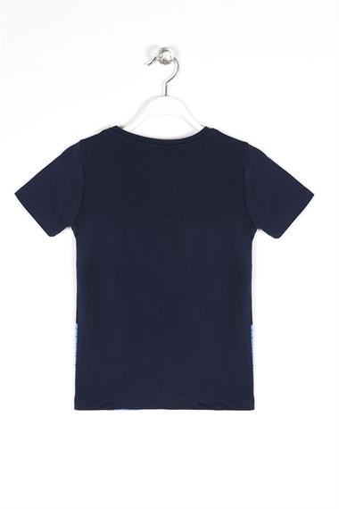 Bisiklet Yaka Kısa Kol Gemi Basılı Düğme Aksesuarlı Lacivert Renk Erkek Çocuk Tshirt