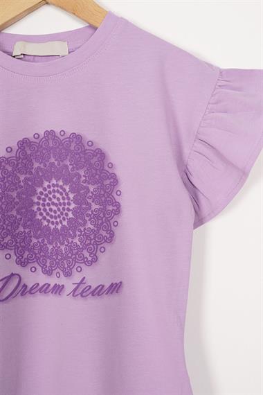 Kolları Fırfırlı Yazı Baskılı Lila Renk Kız Çocuk Tshirt