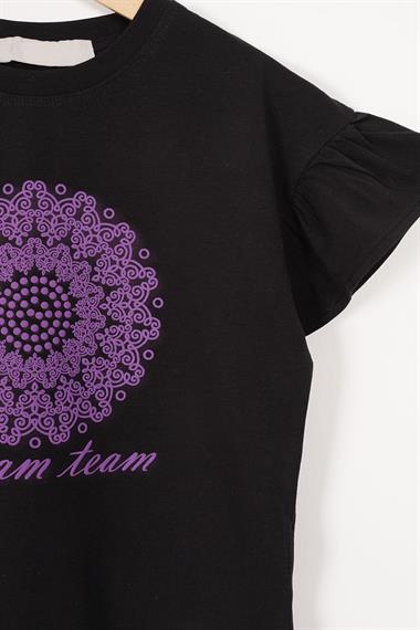 Kolları Fırfırlı Yazı Baskılı Siyah Renk Kız Çocuk Tshirt