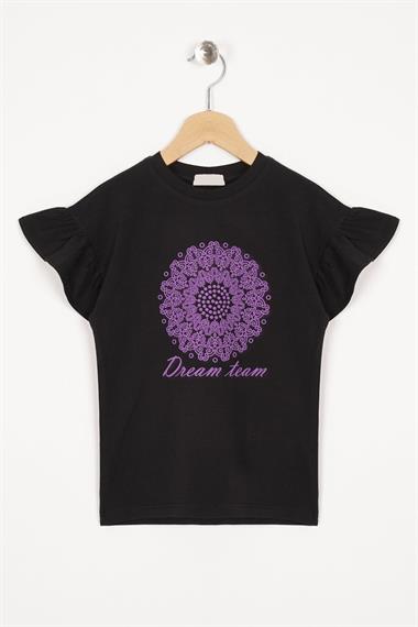 Kolları Fırfırlı Yazı Baskılı Siyah Renk Kız Çocuk Tshirt