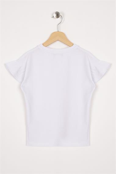 Kolları Fırfırlı Yazı Baskılı Beyaz Renk Kız Çocuk Tshirt