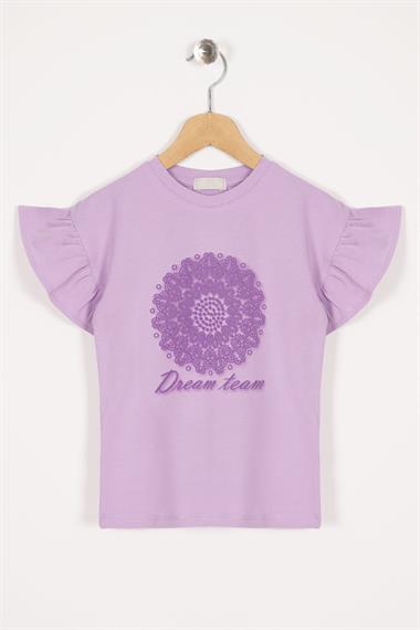 Kolları Fırfırlı Yazı Baskılı Lila Renk Kız Çocuk Tshirt