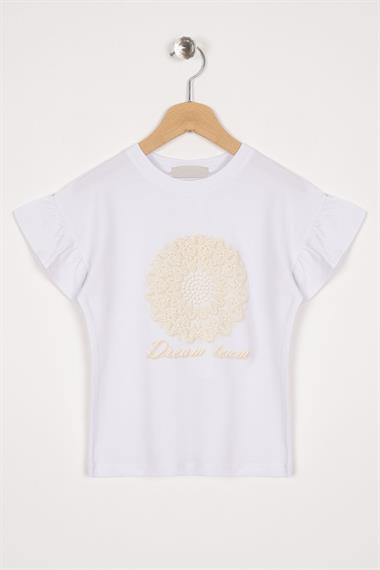 Kolları Fırfırlı Yazı Baskılı Beyaz Renk Kız Çocuk Tshirt