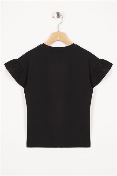 Kolları Fırfırlı Yazı Baskılı Siyah Renk Kız Çocuk Tshirt
