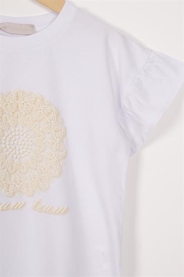 Kolları Fırfırlı Yazı Baskılı Beyaz Renk Kız Çocuk Tshirt