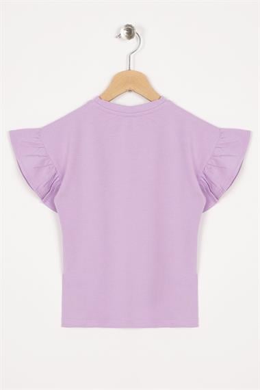 Kolları Fırfırlı Yazı Baskılı Lila Renk Kız Çocuk Tshirt