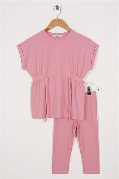 Bisiklet Yaka Bağlama Detaylı Pembe Renk Kız Çocuk Taylı Takım