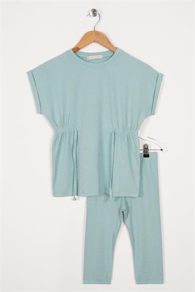 Bisiklet Yaka Bağlama Detaylı Çağla Yeşili Renk Kız Çocuk Taylı Takım