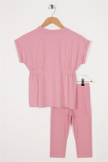 Bisiklet Yaka Bağlama Detaylı Pembe Renk Kız Çocuk Taylı Takım